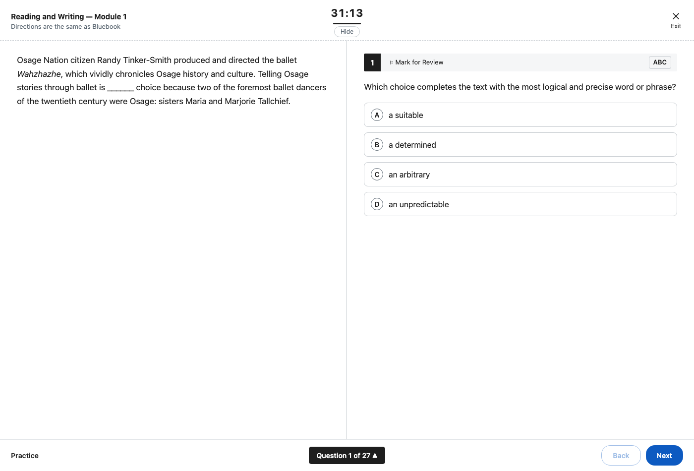 A Reading and Writing question in the split-pane layout with passage on the left